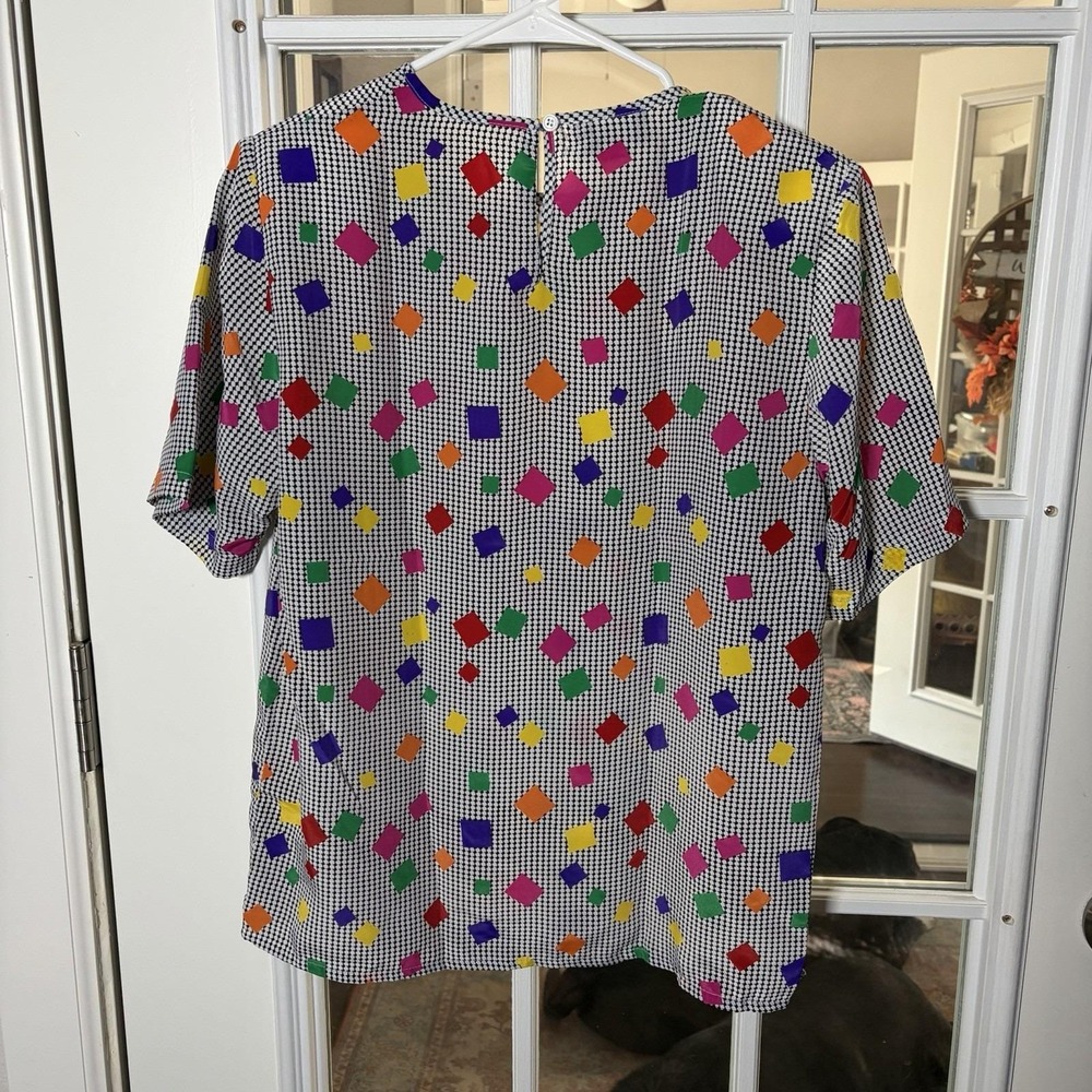 Vintage 1980s Impressions Geometric Neon Checked Blouse Medium 80s Pop Retro
